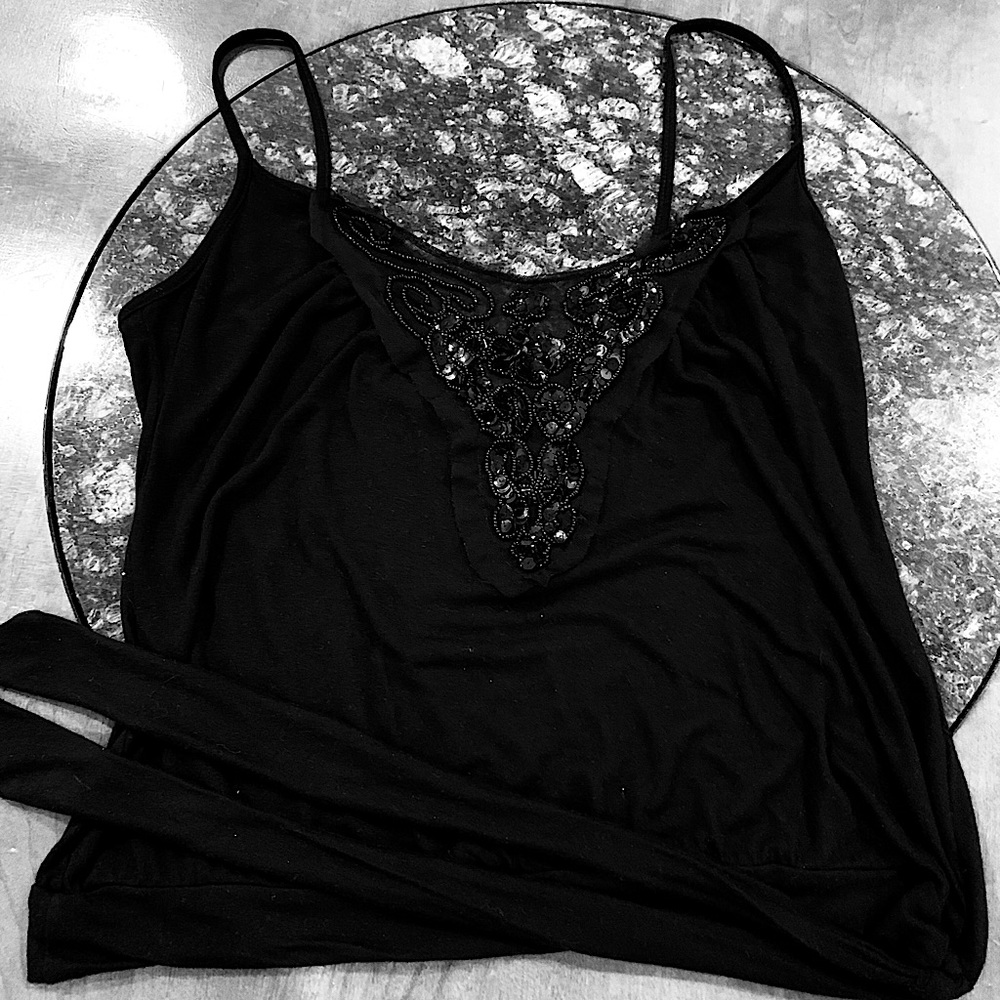 Black Beaded V-Neck Tank Top with Skinny Straps